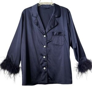 Dark Blue Satin Button Down With Feathers PJ Top Sleepwear Medium Brand New